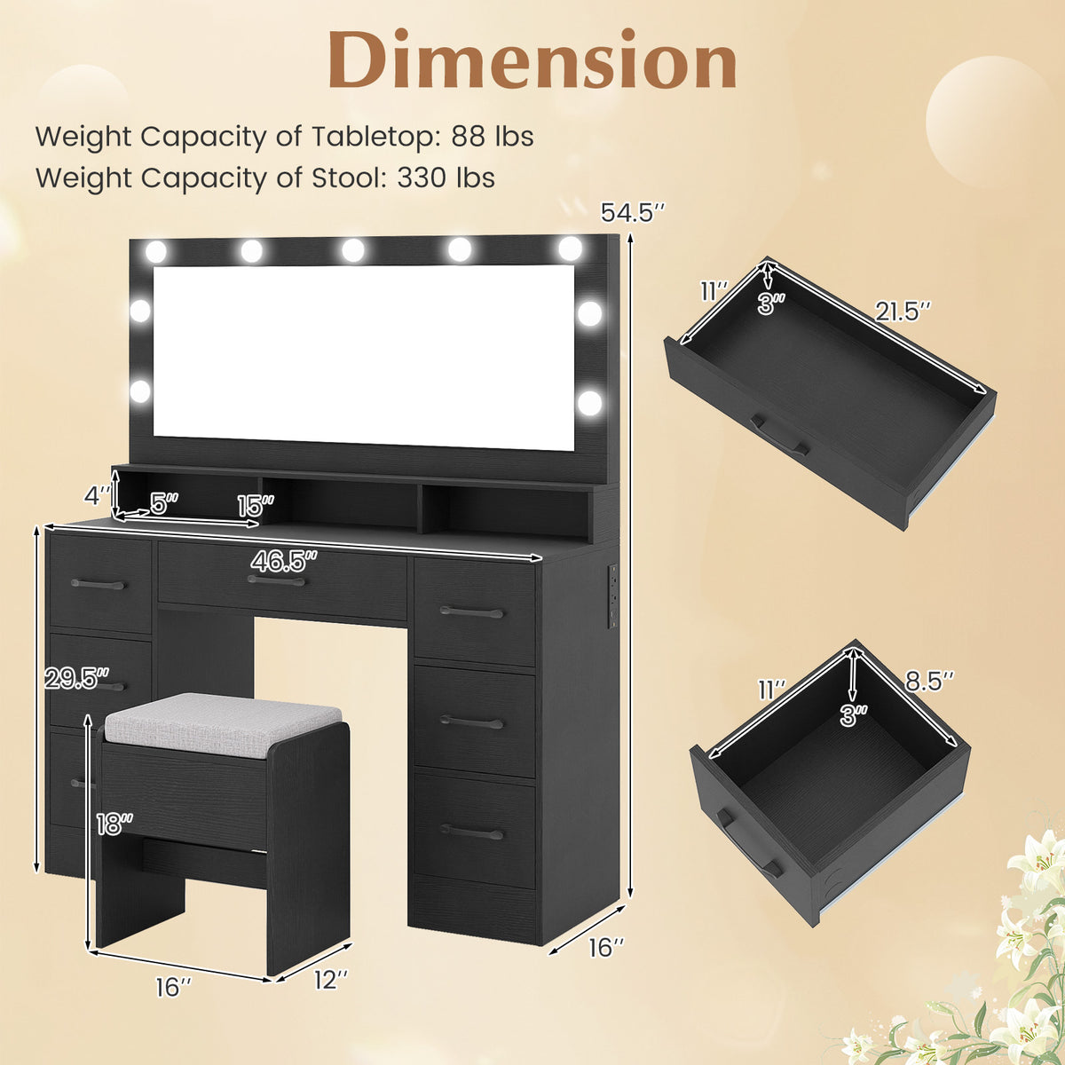 Vanity Desk with Mirror and Lights, Black - Makeup Table with Power Outlets