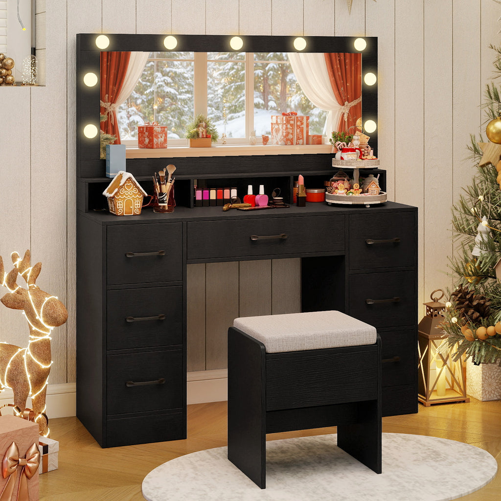 Vanity Desk with LED Mirror and Lights, Black