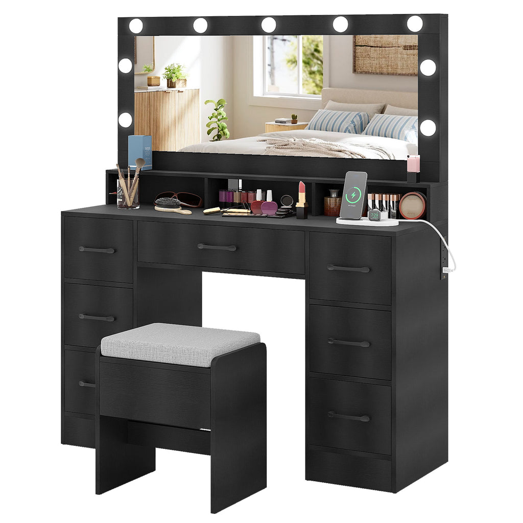 Vanity Desk with LED Mirror and Lights, Black