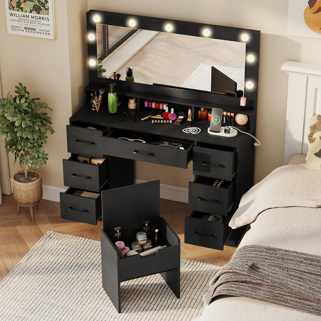 Vanity Desk with LED Mirror and Lights, Black