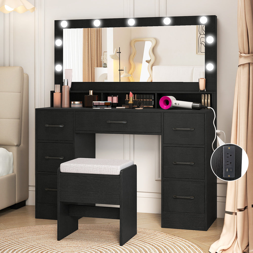 Vanity Desk with LED Mirror and Lights, Black