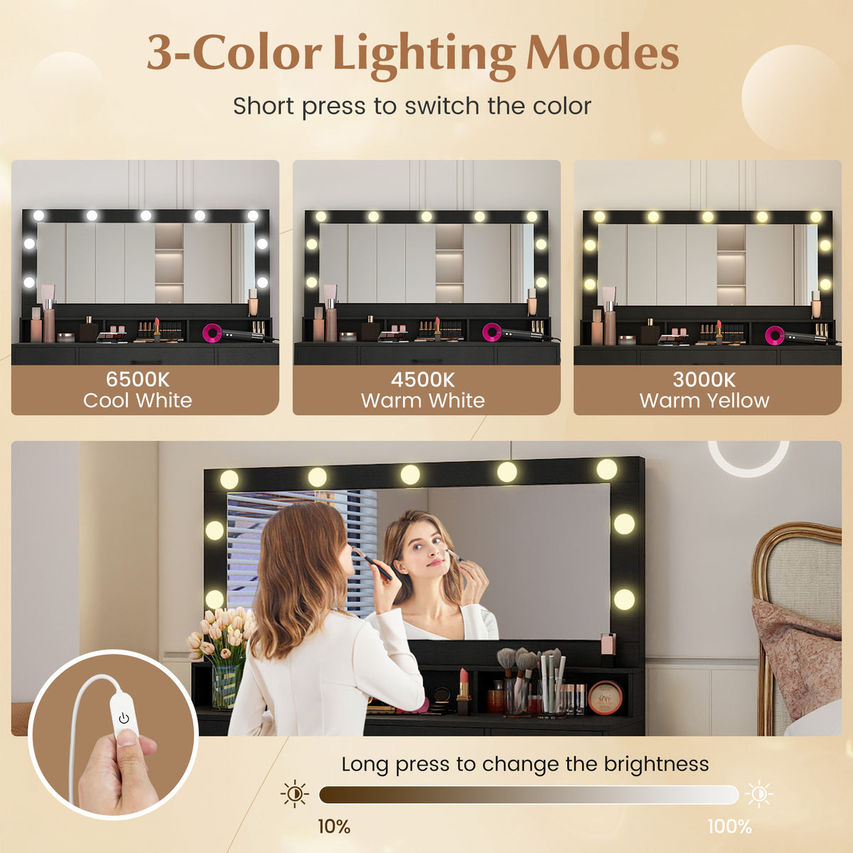 Vanity Desk with LED Mirror and Lights, Black