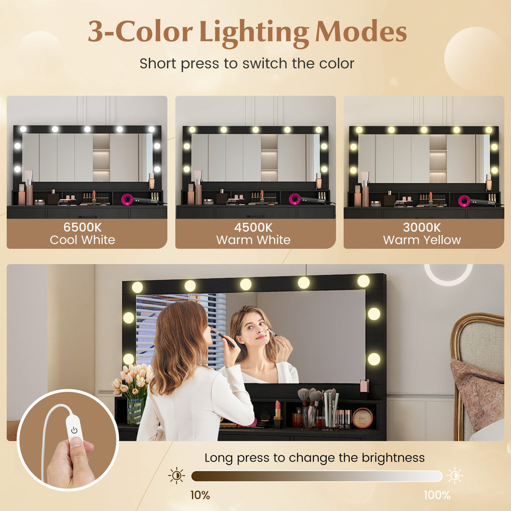 Vanity Desk with Mirror and Lights, Black - Makeup Table with Power Outlets