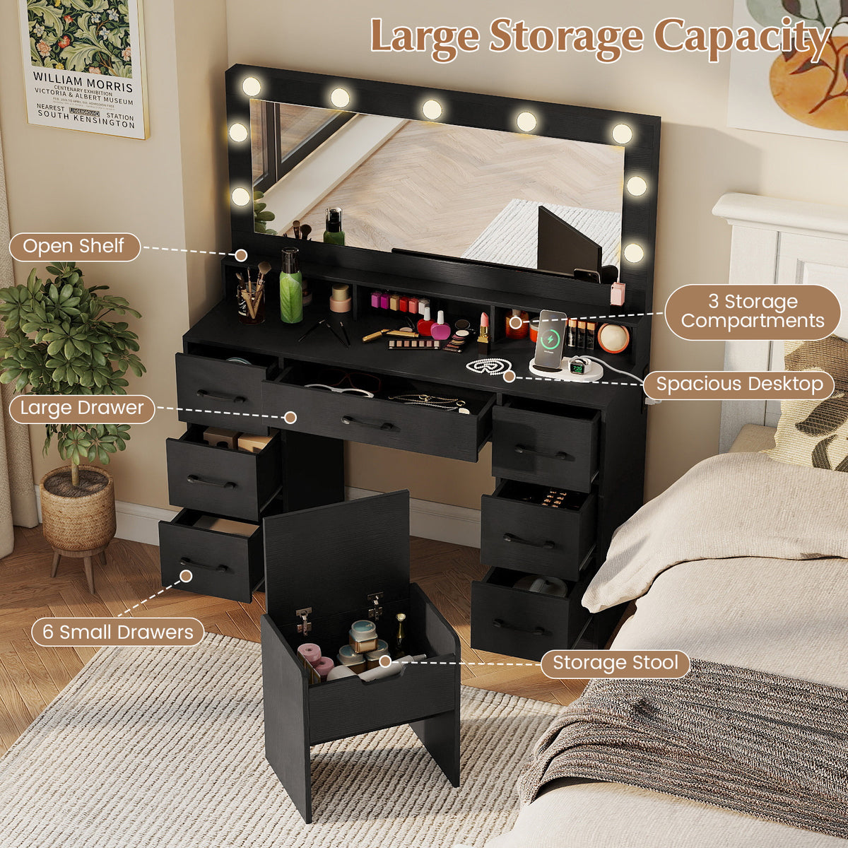 Vanity Desk with LED Mirror and Lights, Black