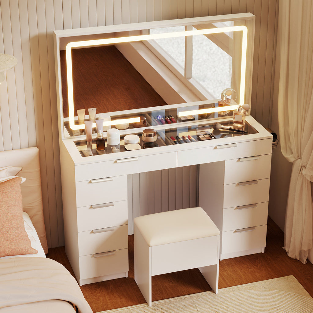 Vanity Desk with Mirror & Lights, 10 Drawers & Stool - White