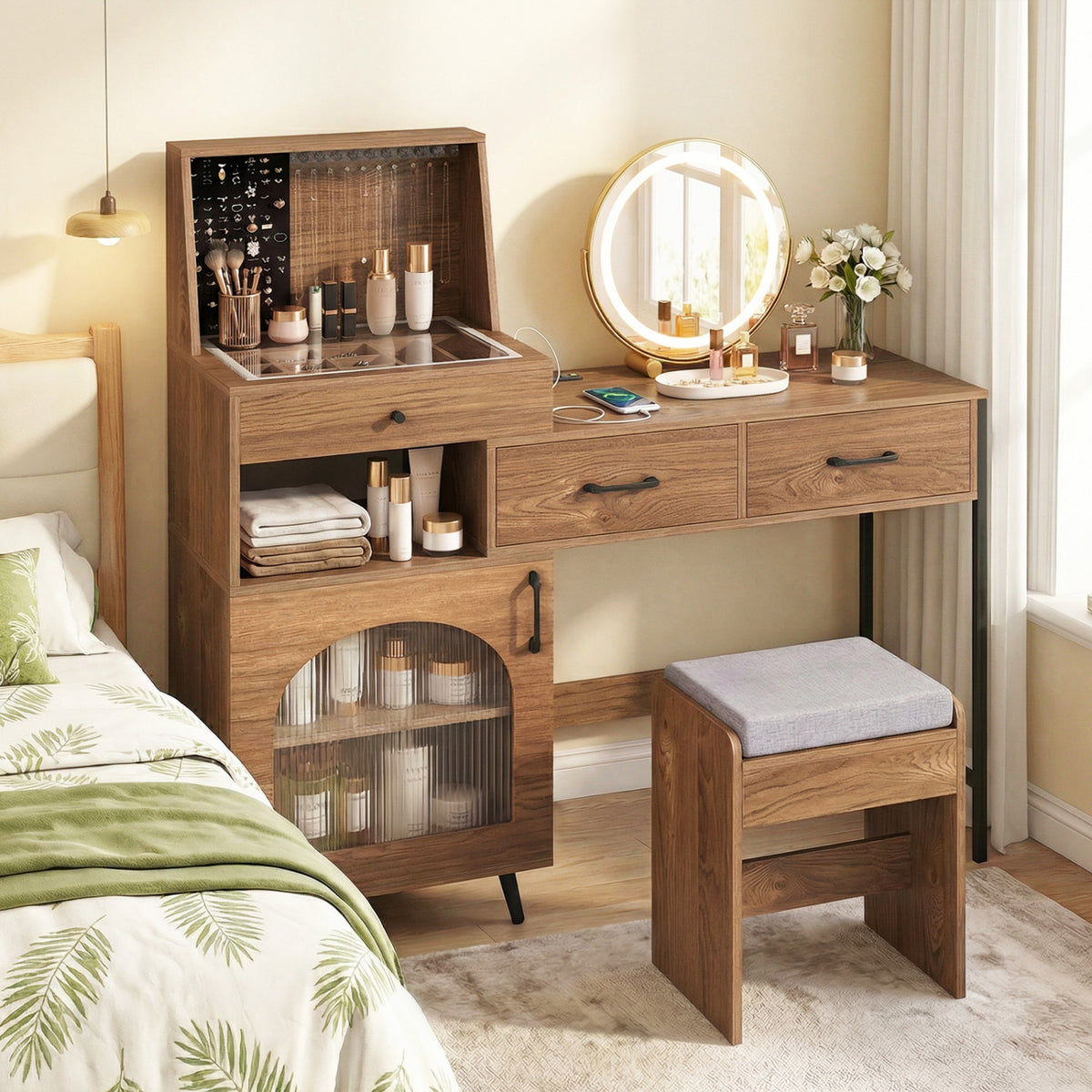 Makeup Vanity Desk with Lighted Mirror & Storage - Natural & White