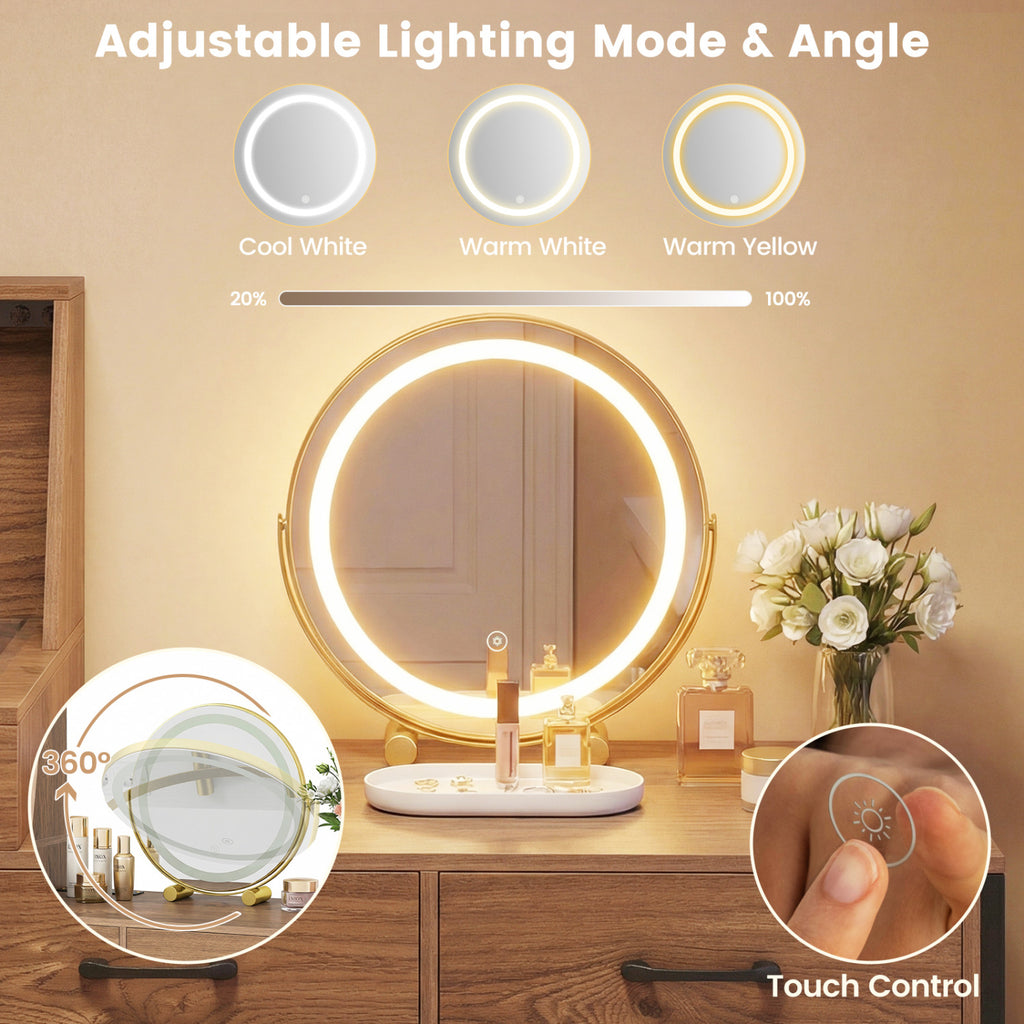 Makeup Vanity Desk with Lighted Mirror & Storage - Natural & White