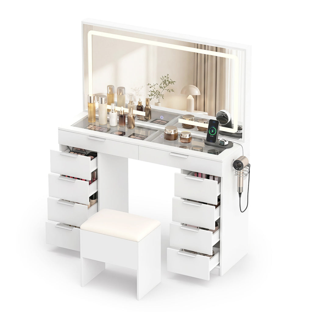 Vanity Desk with Mirror & Lights, 10 Drawers & Stool - White