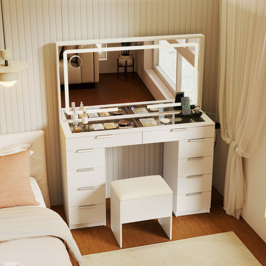 Vanity Desk with Mirror & Lights, 10 Drawers & Stool - White