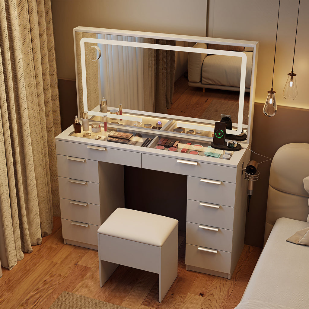 Vanity Desk with Mirror & Lights, 10 Drawers & Stool - White