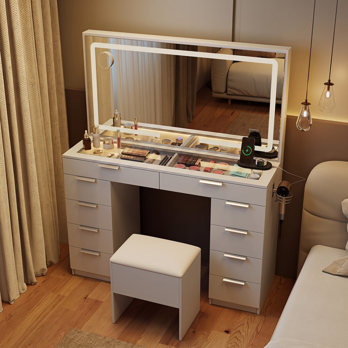 Vanity Desk with Mirror & Lights, 10 Drawers & Stool - White