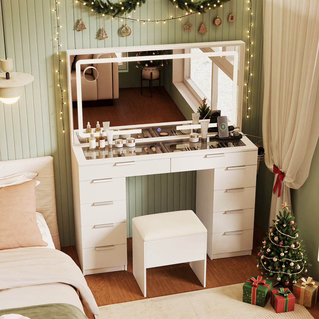 Vanity Desk with Mirror & Lights, 10 Drawers & Stool - White
