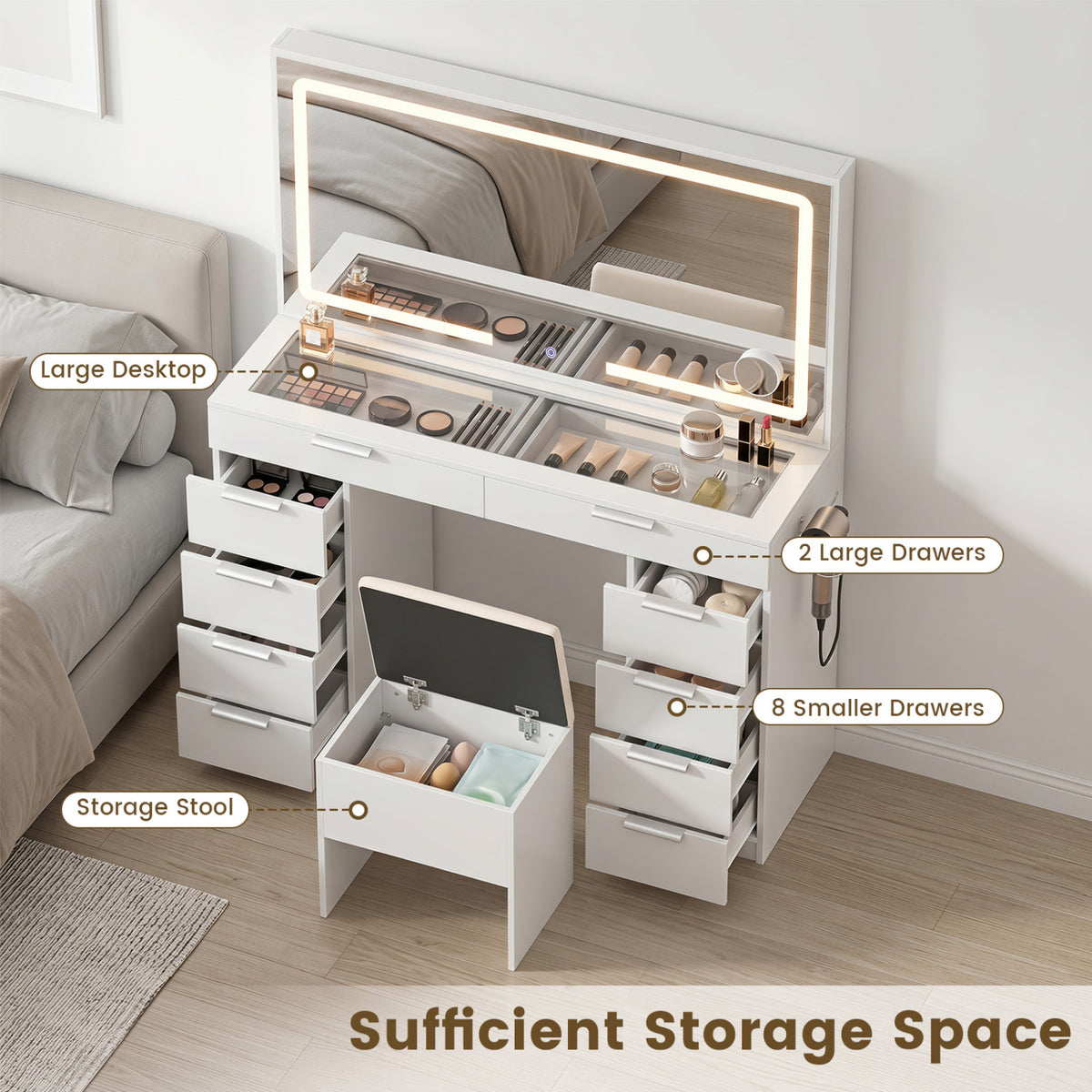 Vanity Desk with Mirror & Lights, 10 Drawers & Stool - White