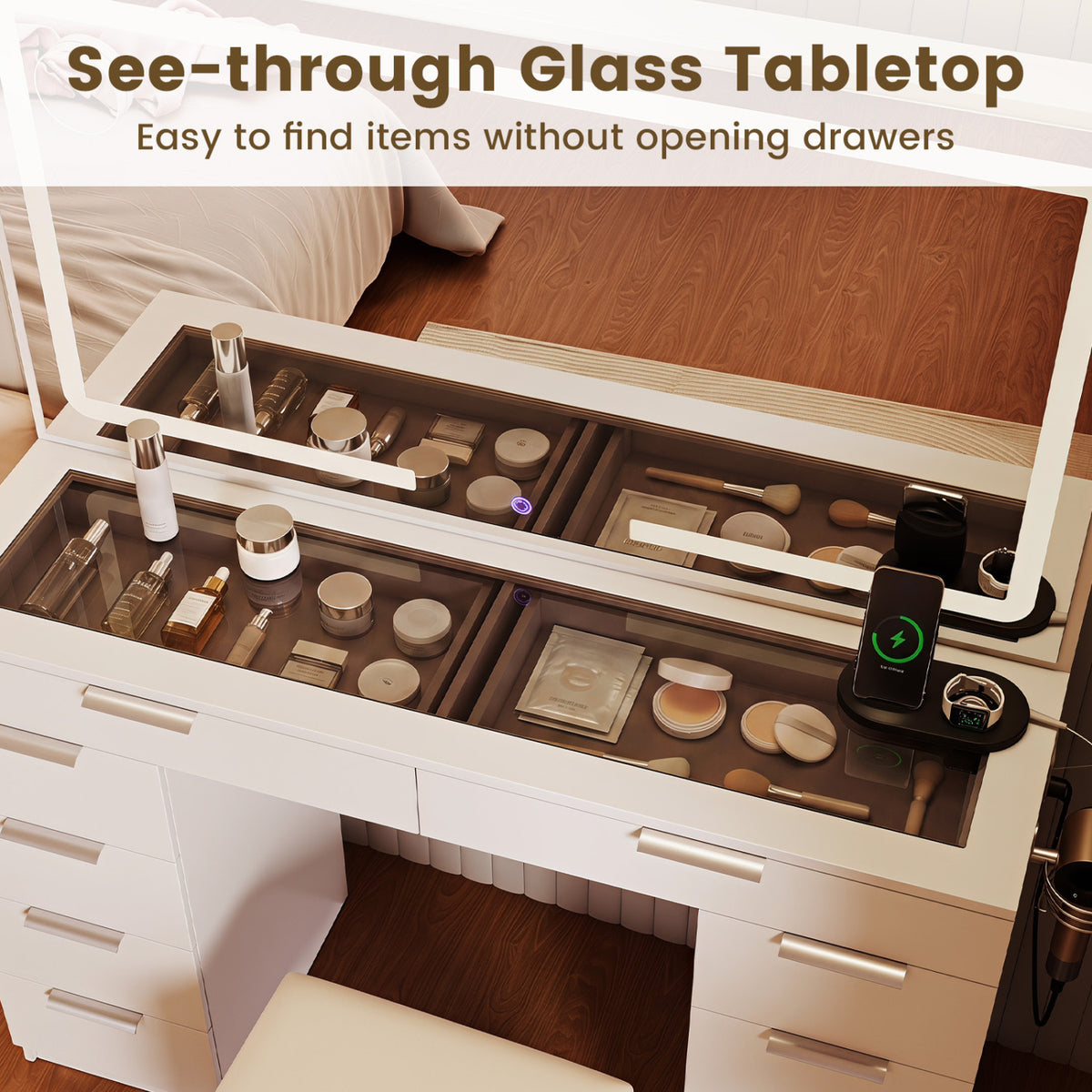 Vanity Desk with Mirror & Lights, 10 Drawers & Stool - White