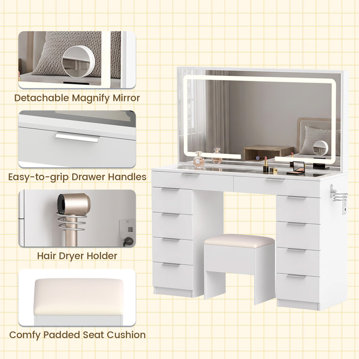 Vanity Desk with Mirror & Lights, 10 Drawers & Stool - White
