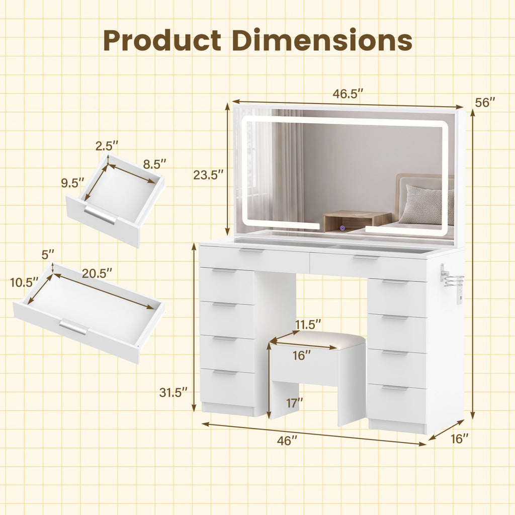 Vanity Desk with Mirror & Lights, 10 Drawers & Stool - White