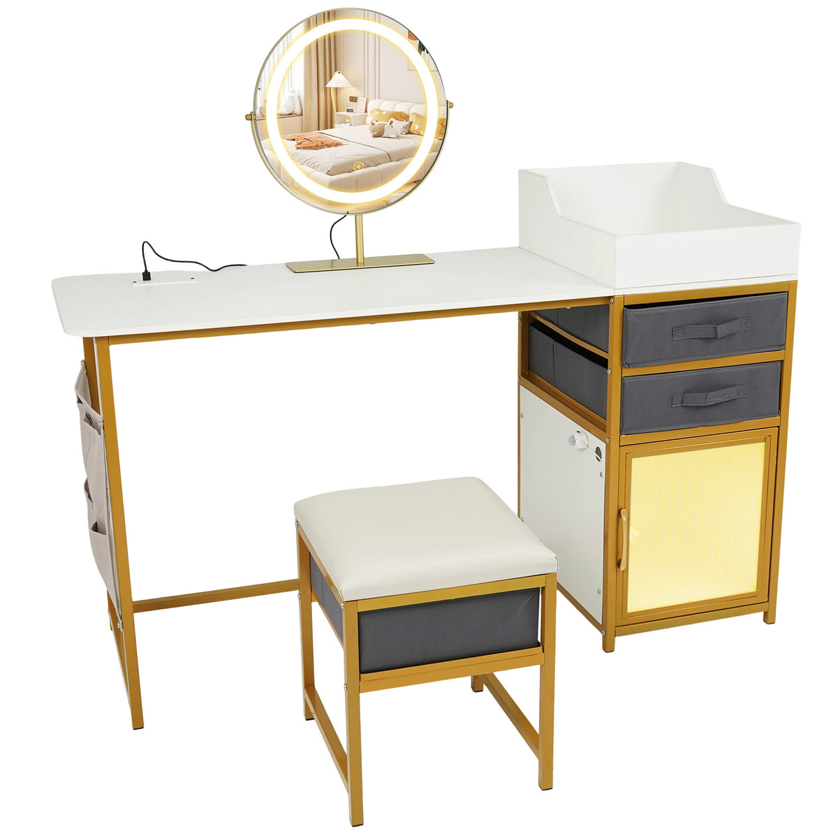 Makeup Vanity Desk with 55" Rotatable Lighted Mirror - White