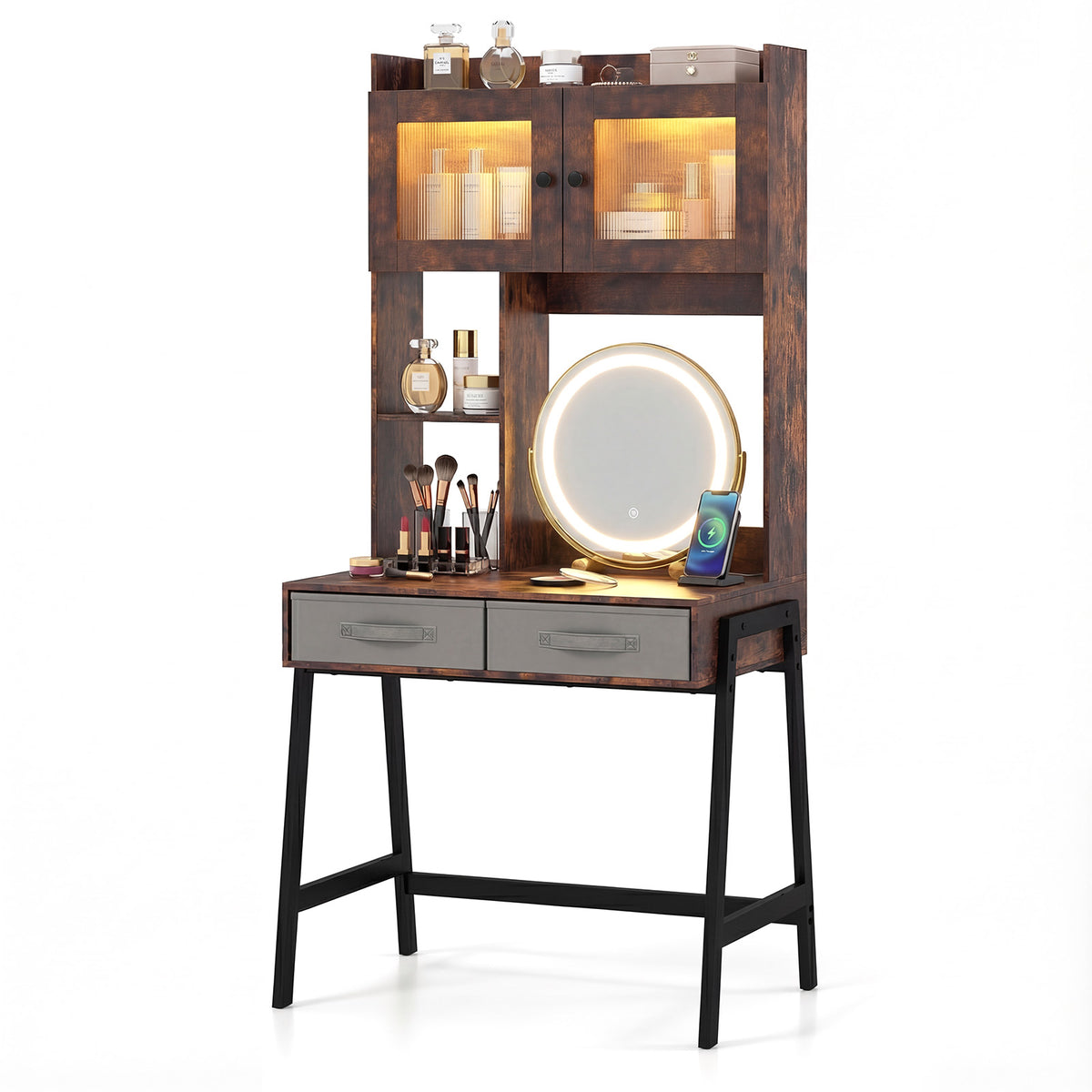 Ladder Vanity Desk with Flip Top Mirror and Cushioned Stool - Black