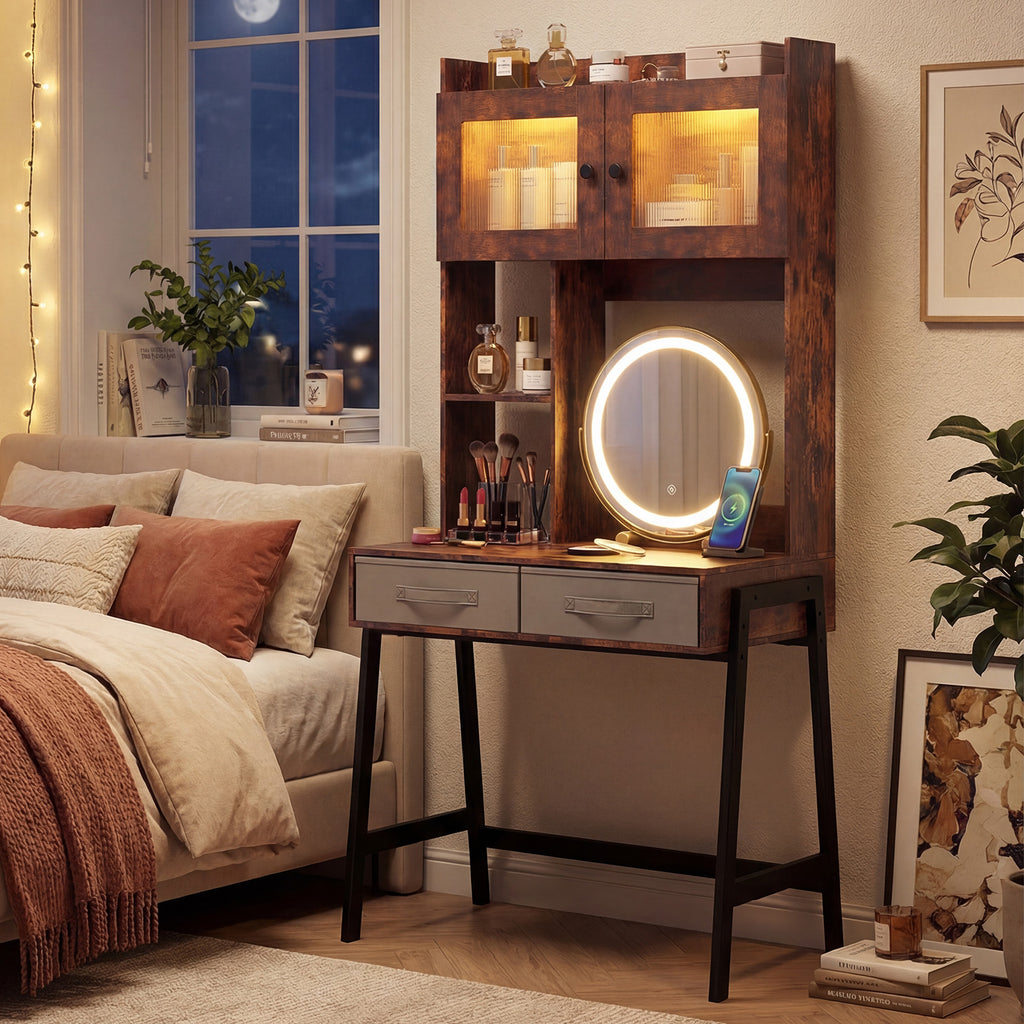Vanity Desk with Rotatable Mirror and Lights - Brown