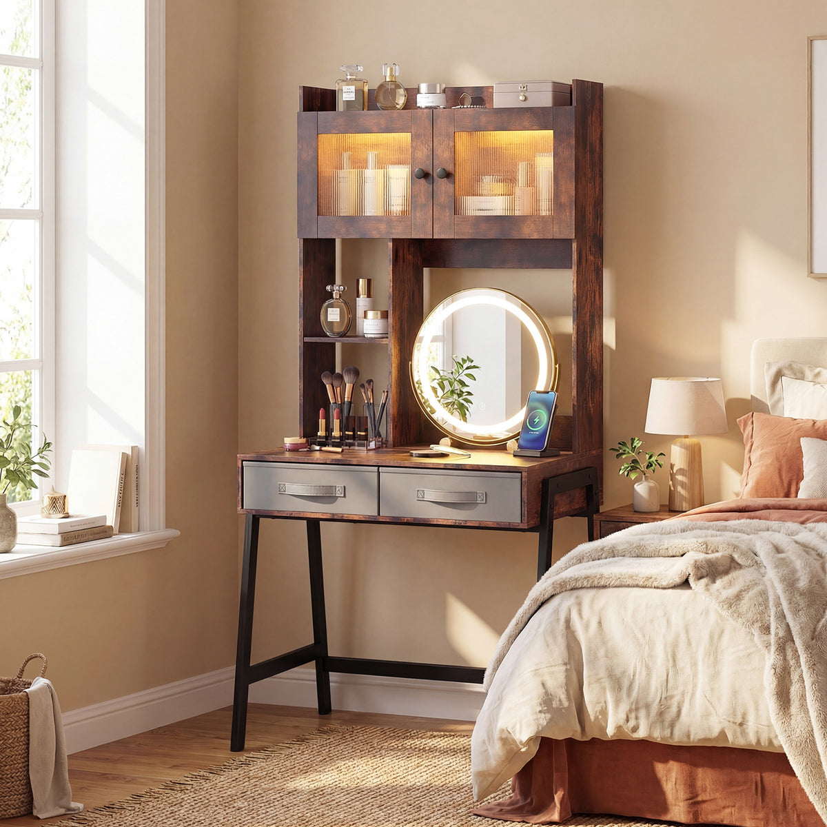 Vanity Desk with Rotatable Mirror and Lights - Brown