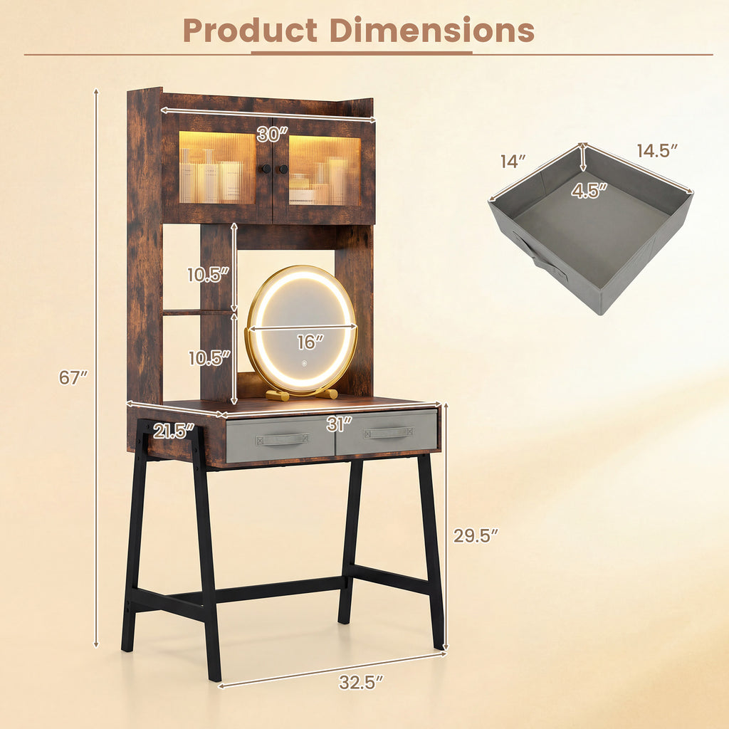 Vanity Desk with Rotatable Mirror and Lights - Brown