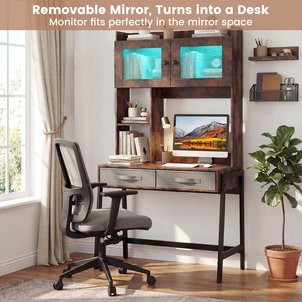 Vanity Desk with Rotatable Mirror and Lights - Brown