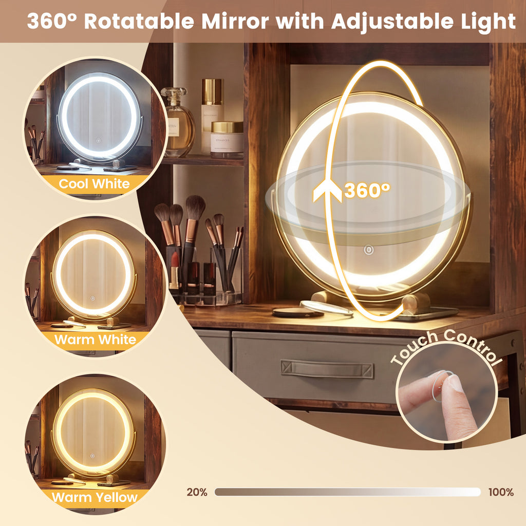 Vanity Desk with Rotatable Mirror and Lights - Brown