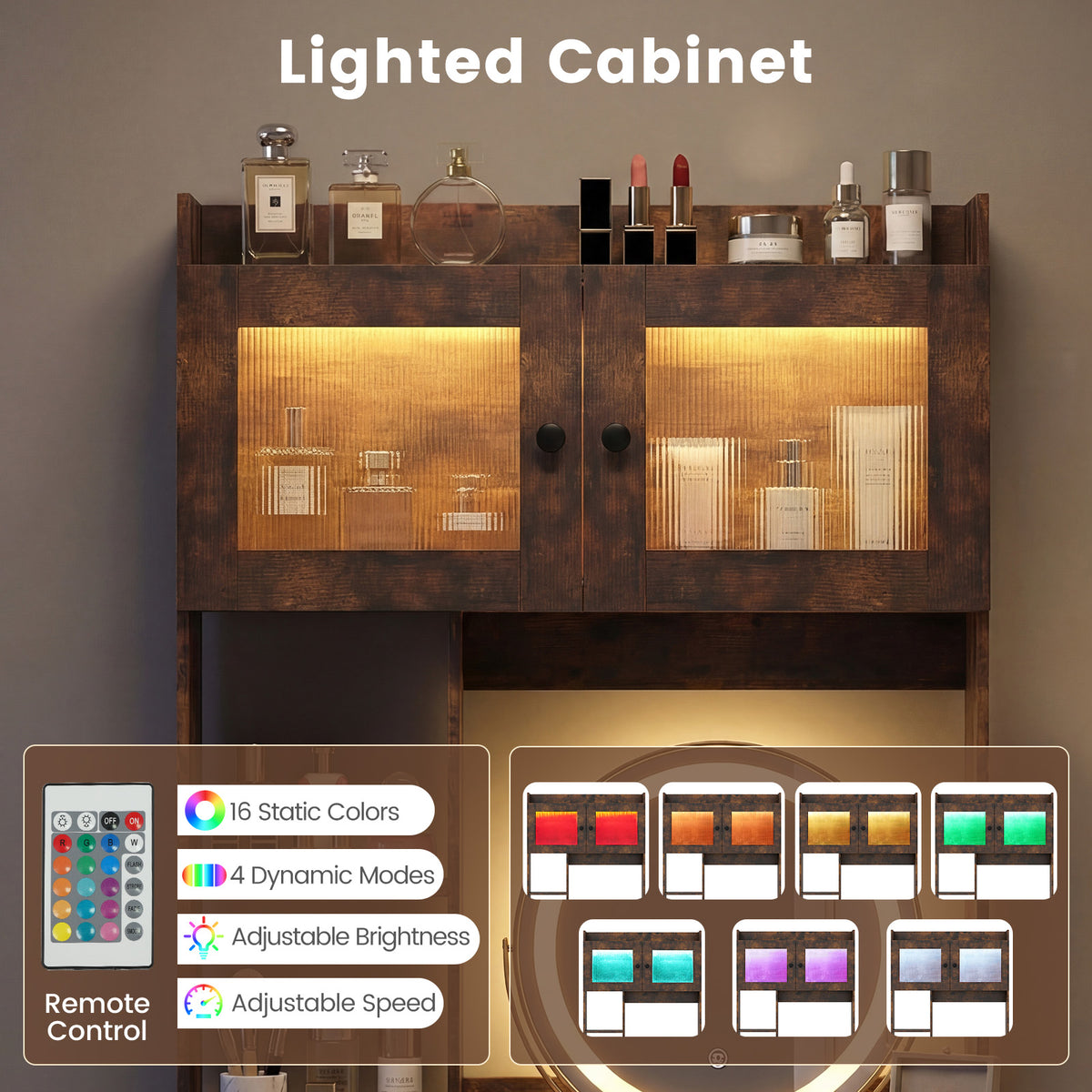 Vanity Desk with Rotatable Mirror and Lights - Brown