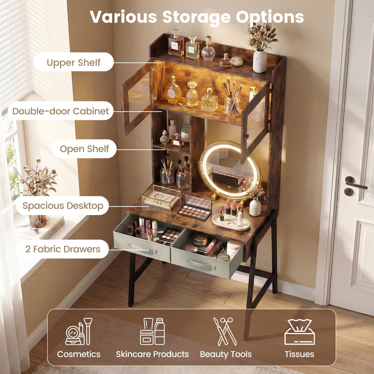 Vanity Desk with Rotatable Mirror and Lights - Brown