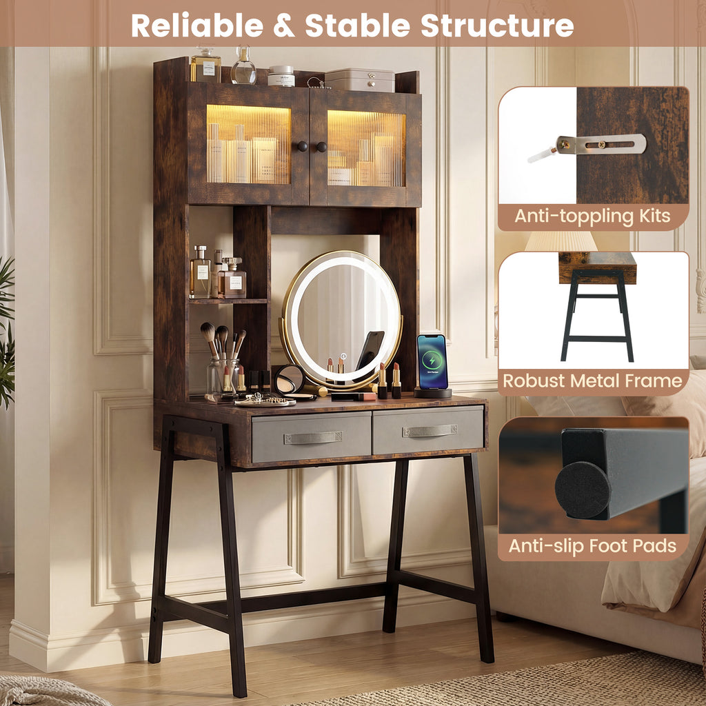 Vanity Desk with Rotatable Mirror and Lights - Brown