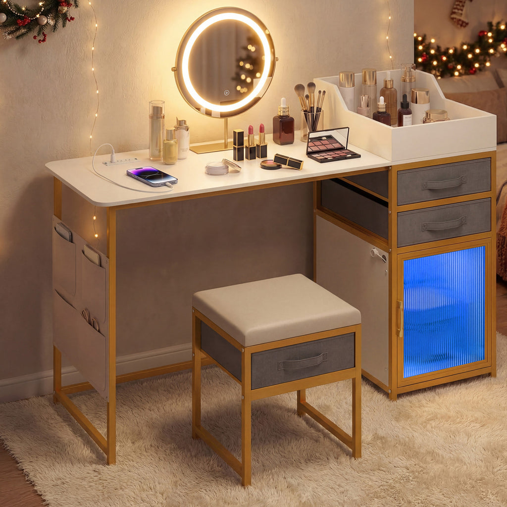 Makeup Vanity Desk with 55" Rotatable Lighted Mirror - White