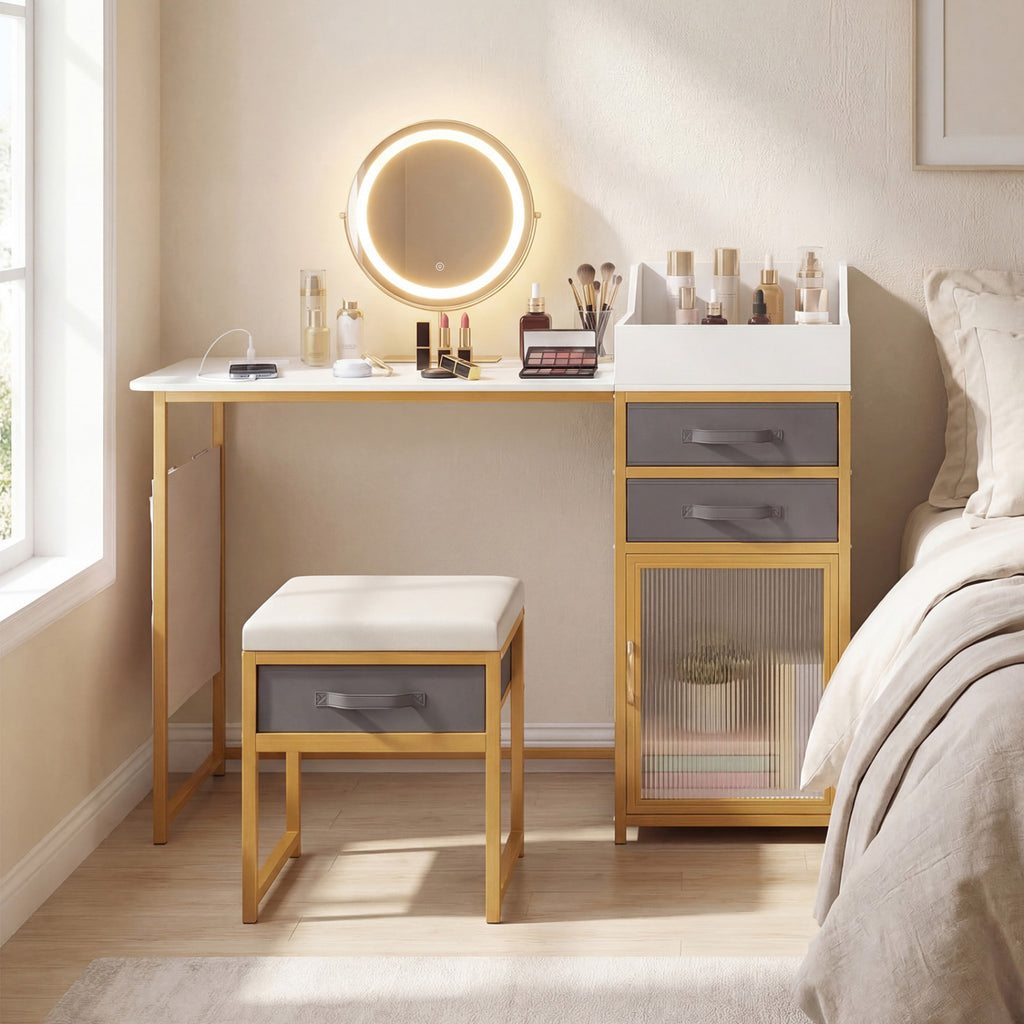 Makeup Vanity Desk with 55" Rotatable Lighted Mirror - White