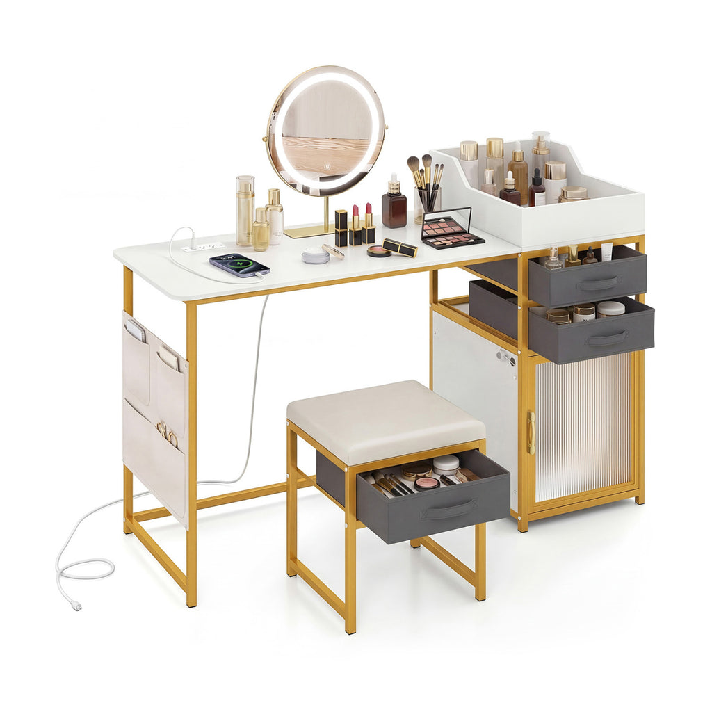 Makeup Vanity Desk with Rotatable Lighted Mirror, White