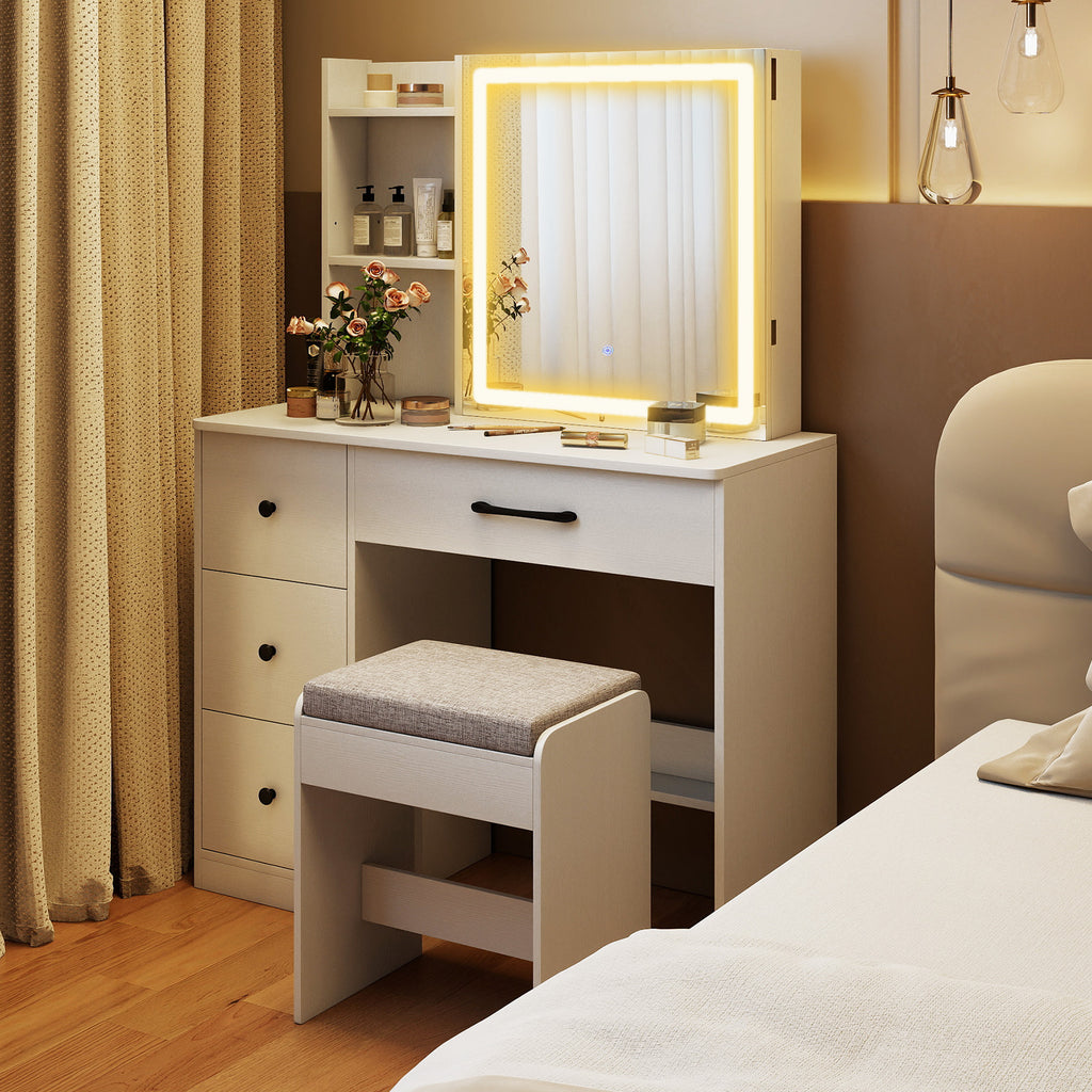 Vanity Desk with Sliding Mirror and Lights - White