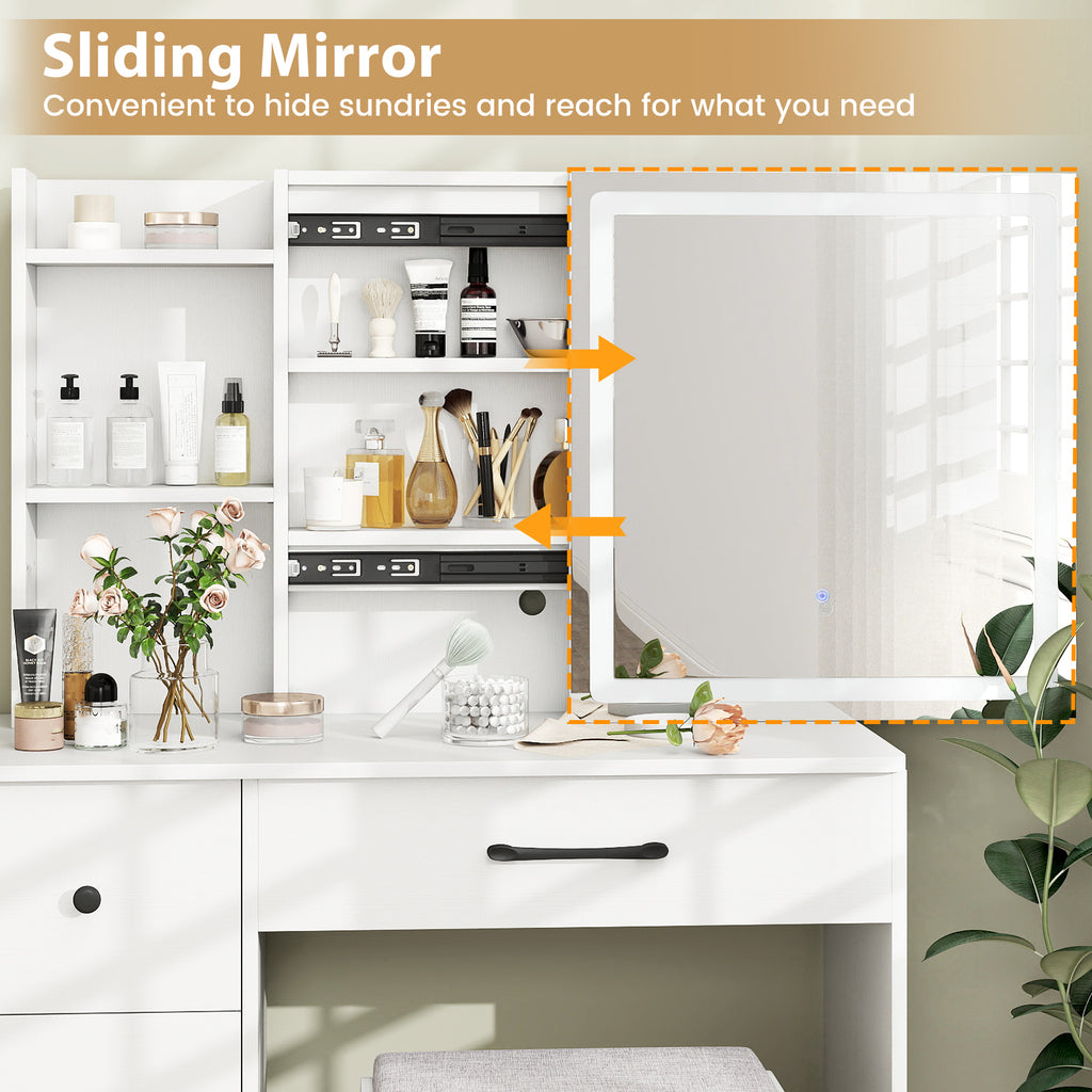 Vanity Desk with Sliding Mirror and Lights - White
