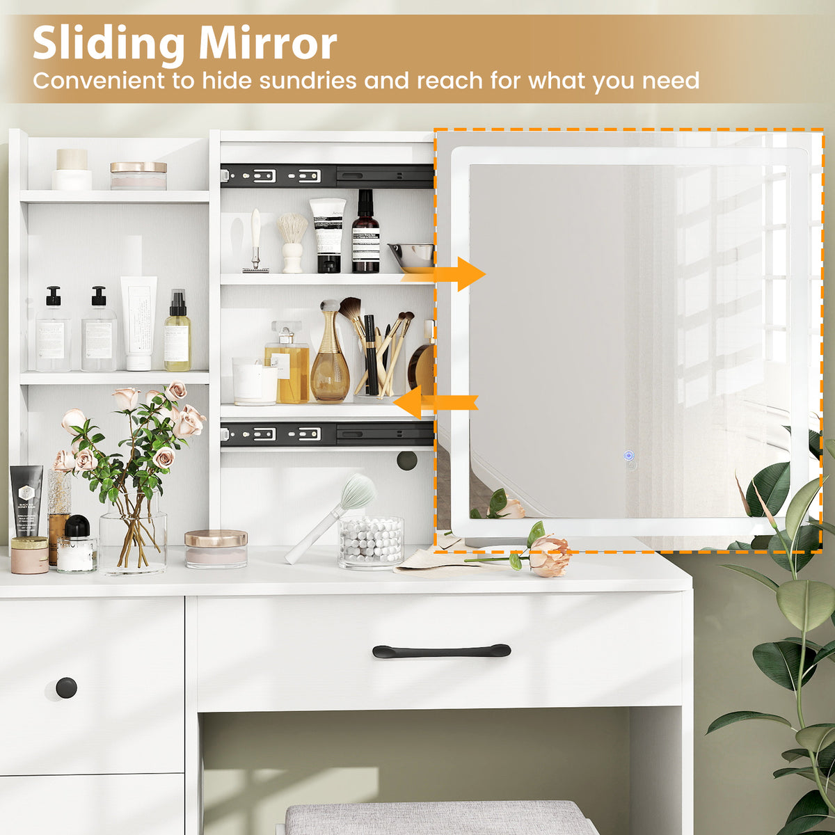 Vanity Desk with Sliding Mirror and Lights - White