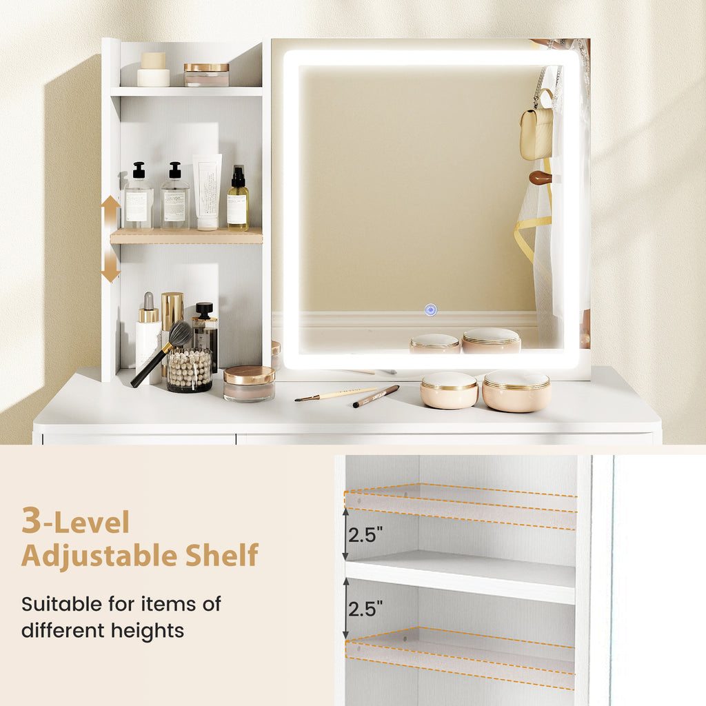 Vanity Desk with Sliding Mirror and Lights - White