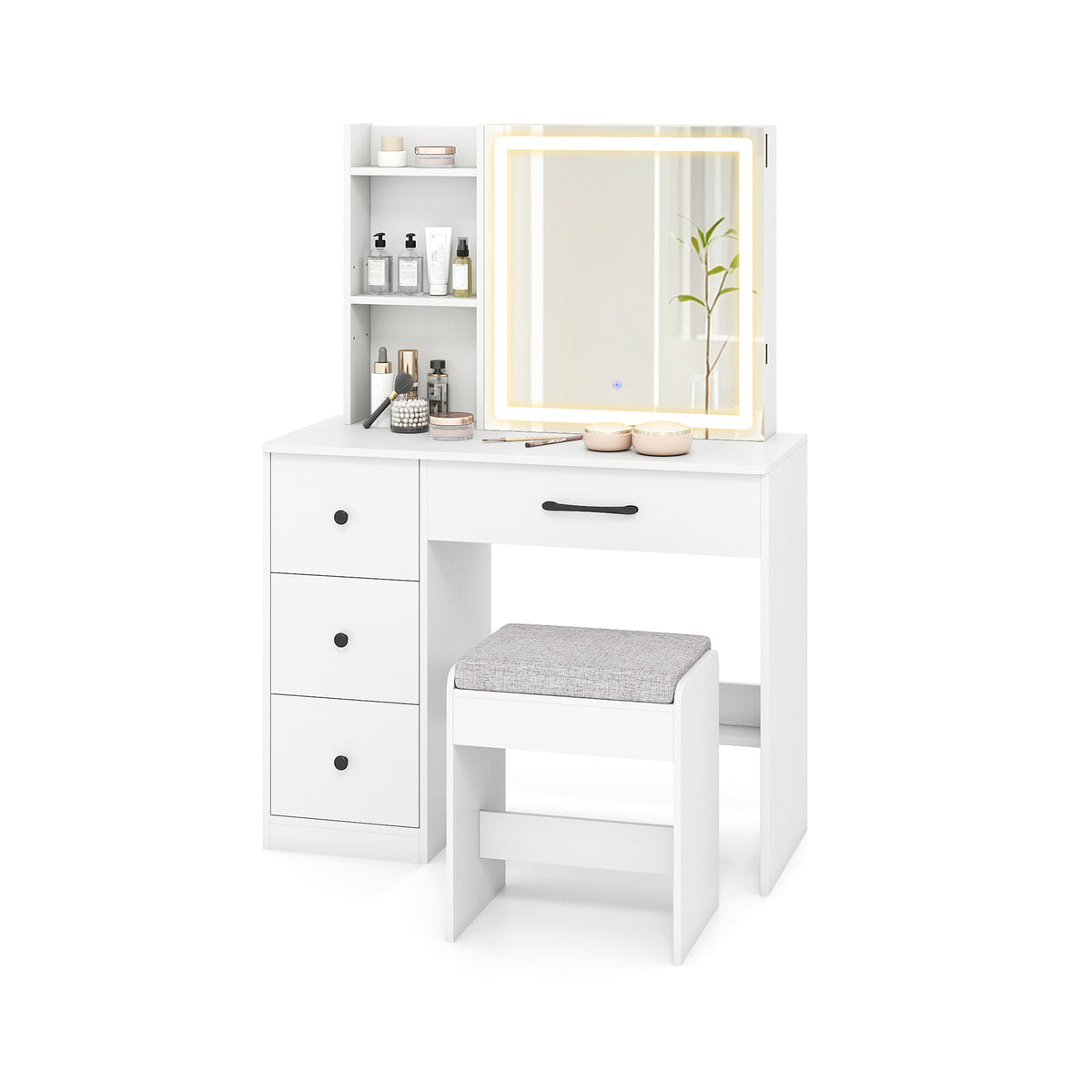 Vanity Desk with Sliding Mirror and Lights - White