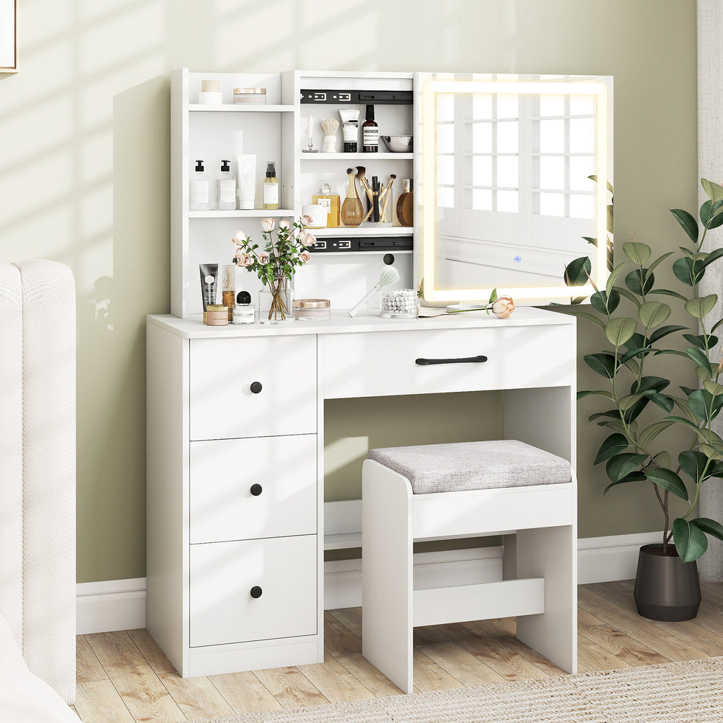 Vanity Desk with Sliding Mirror and Lights - White