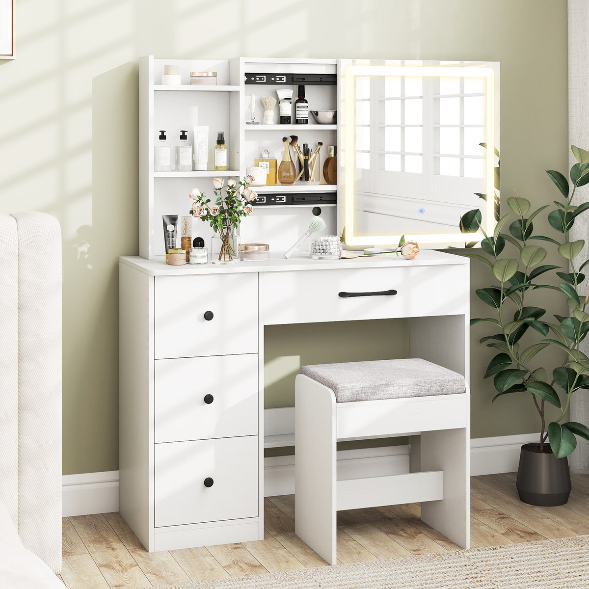 Vanity Desk with Sliding Mirror and Lights - White