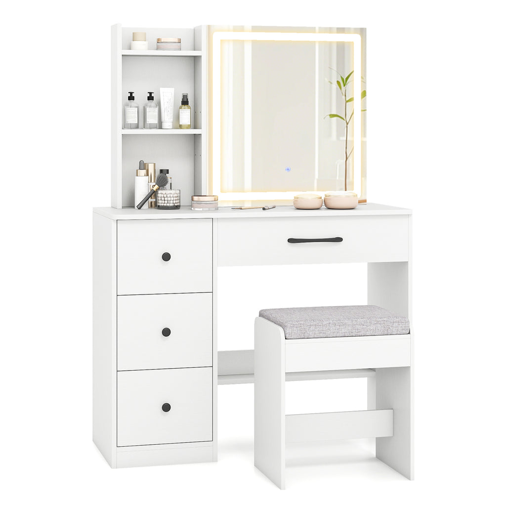 Makeup Dressing Table with Stool - 3 Lighting Modes, White