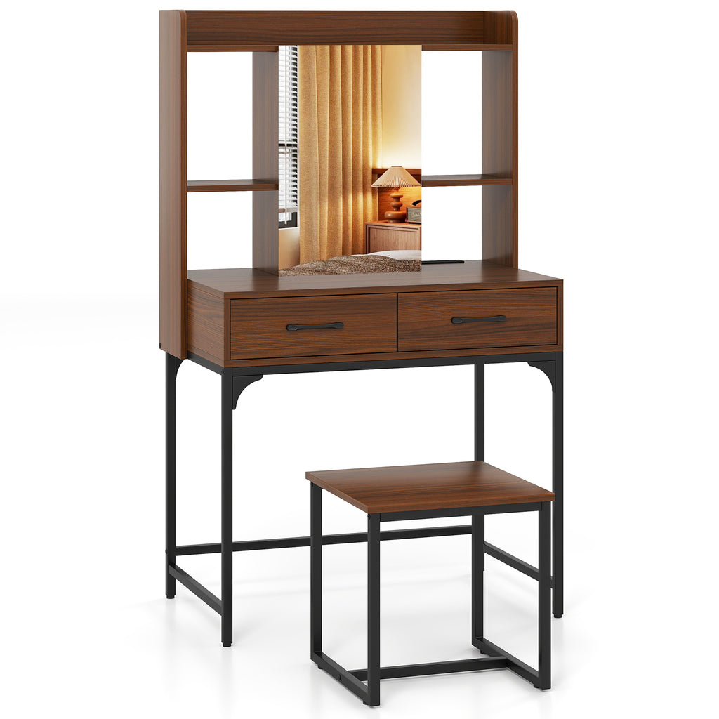 Walnut Vanity Desk with Drawers and Charging Station
