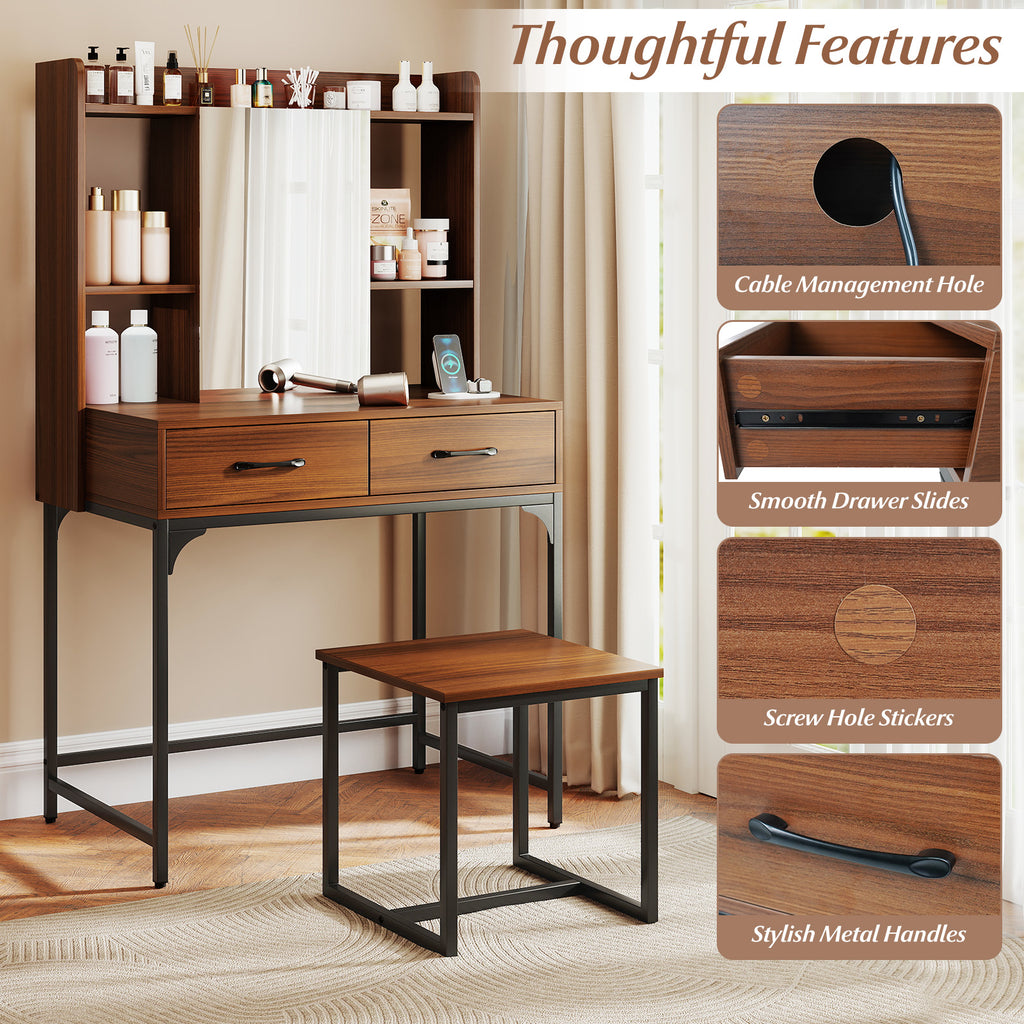 Walnut Vanity Desk with Drawers and Charging Station