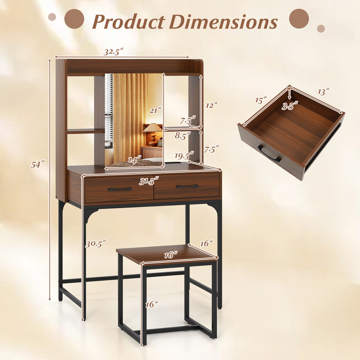 Walnut Vanity Desk with Drawers and Charging Station