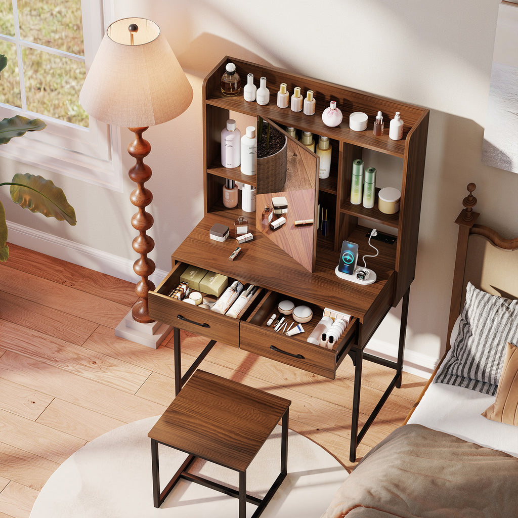 Vanity Desk with Mirrored Storage & Charging Station - Walnut