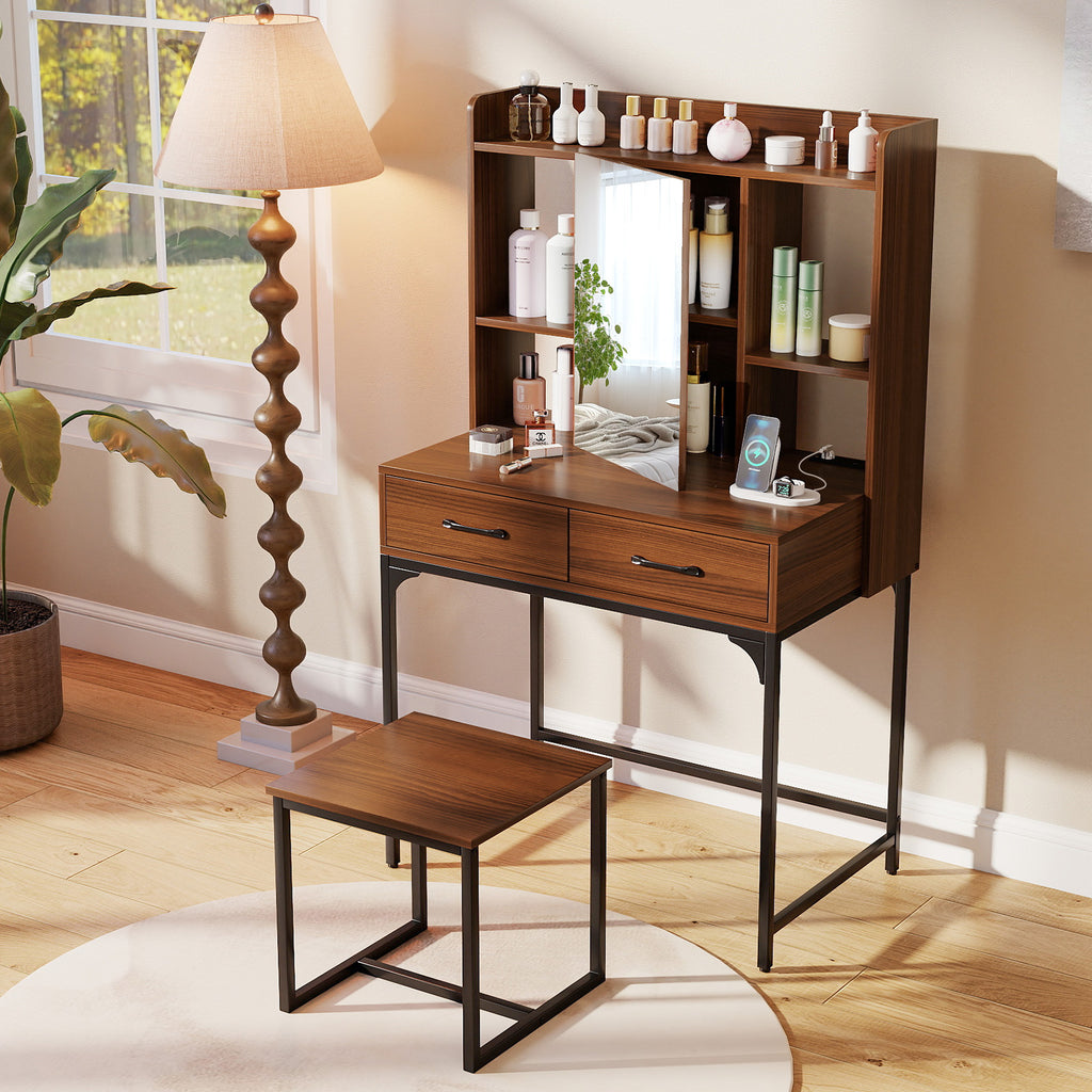 Vanity Desk with Mirrored Storage & Charging Station - Walnut