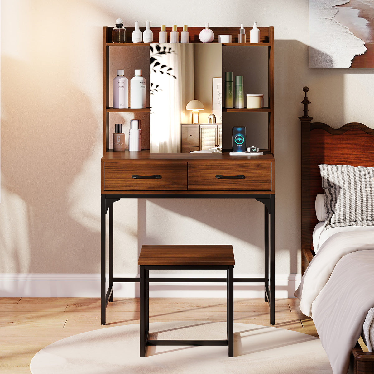 Vanity Desk with Mirrored Storage & Charging Station - Walnut
