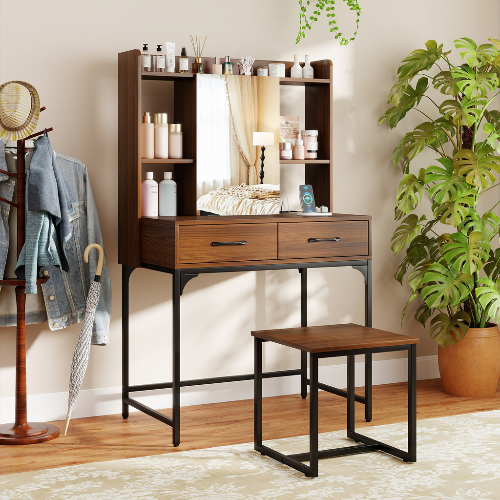 Walnut Vanity Desk with Drawers and Charging Station