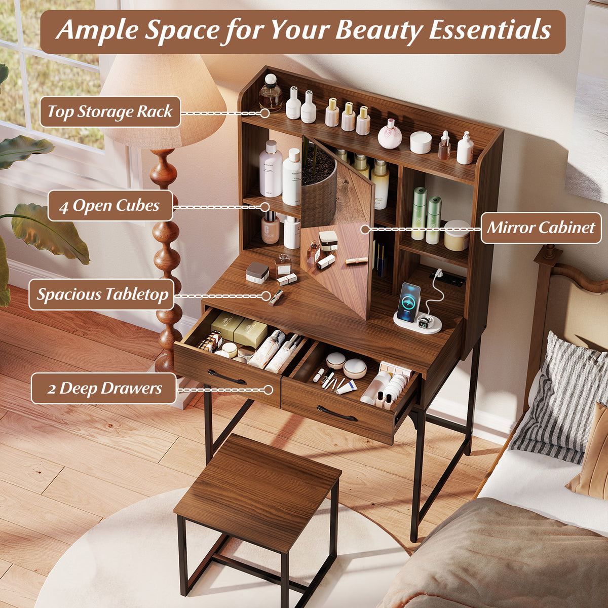 Walnut Vanity Desk with Drawers and Charging Station