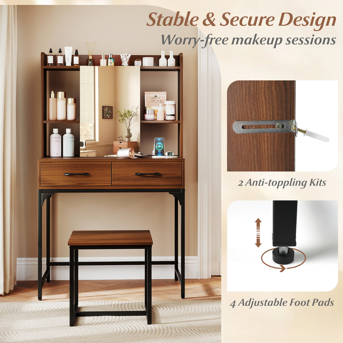 Vanity Desk with Mirrored Storage & Charging Station - Walnut